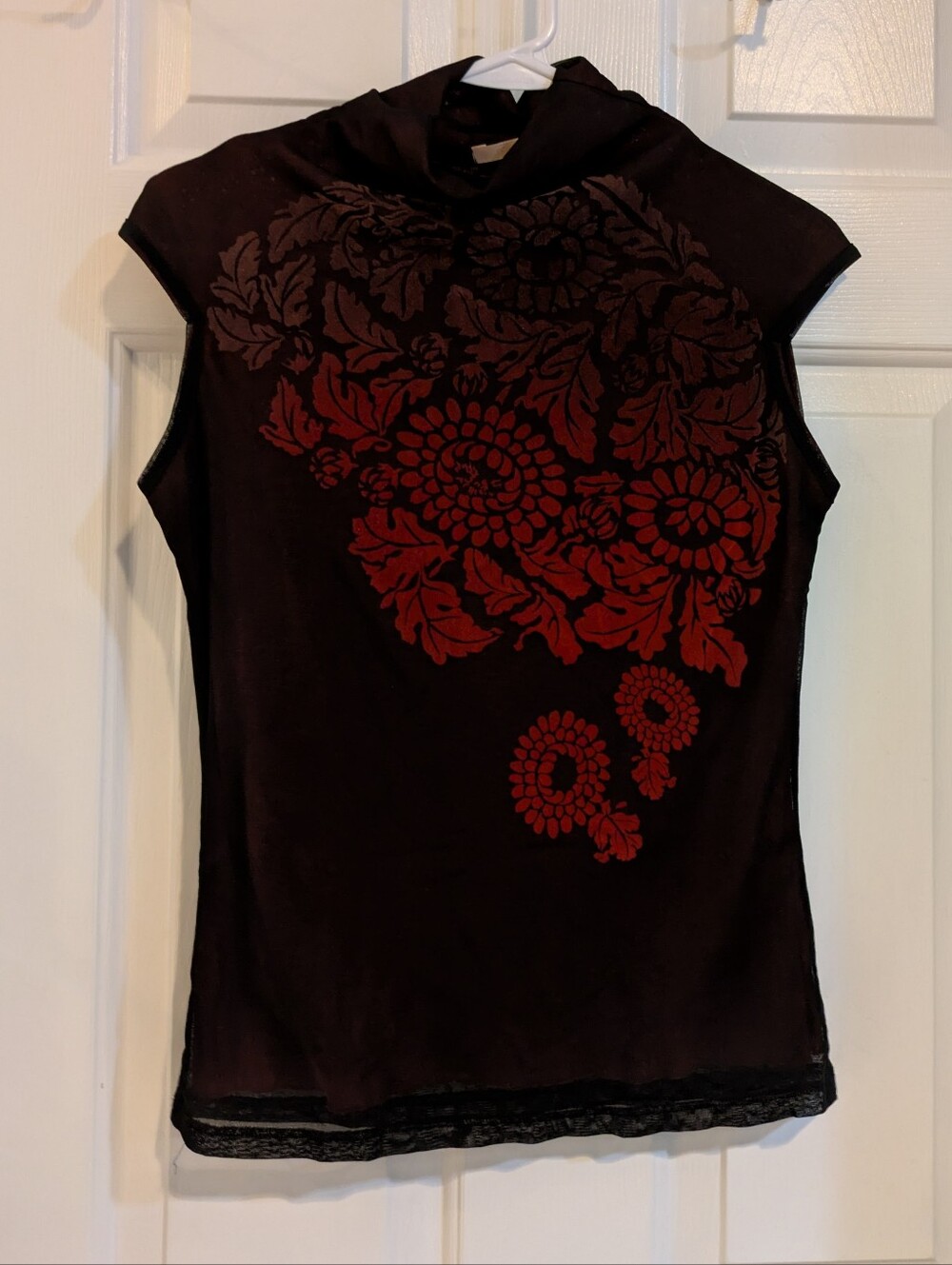 Women's Black Cap Sleeve Top with Red Floral Print